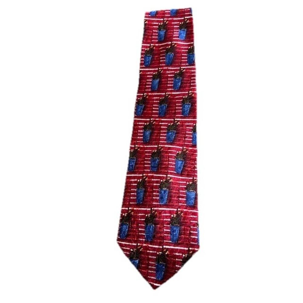 Zegna Mens Silk Tie Red with Blue Flower Pots